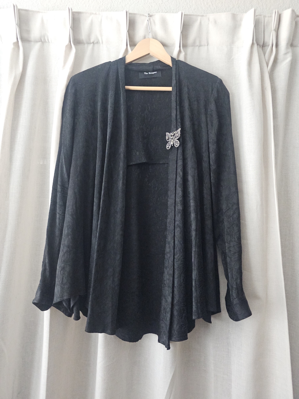 The Kooples Black Draped Open-Front Cardigan with Decorative Brooch
